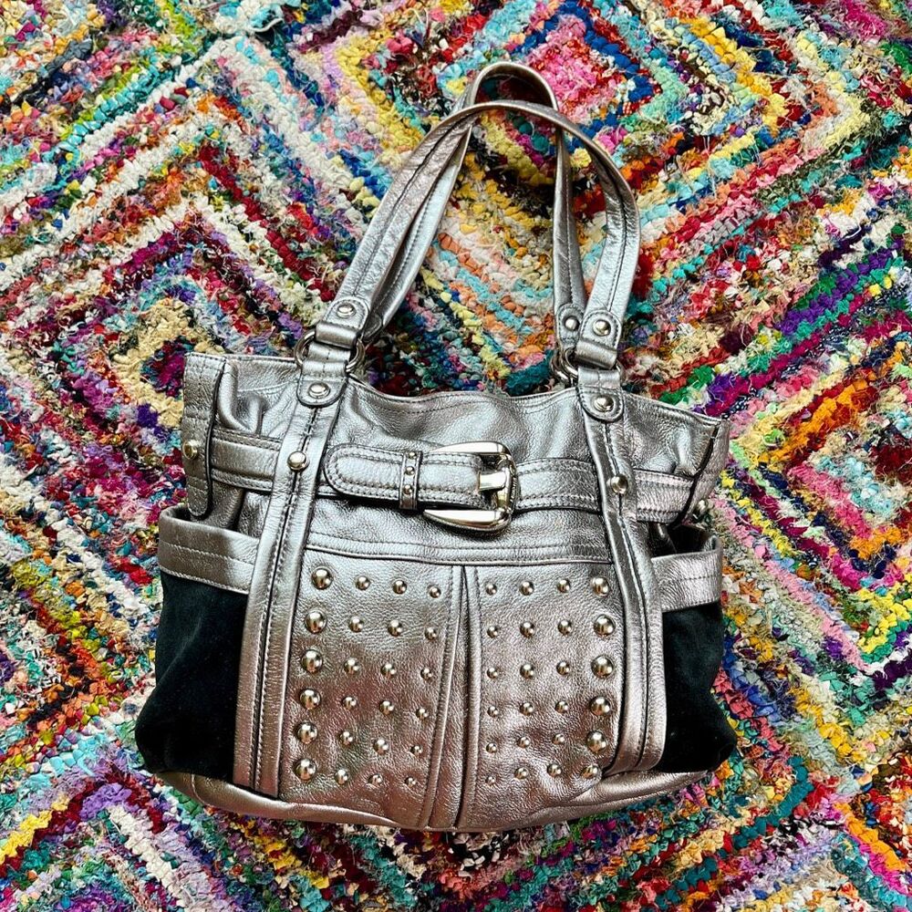 B Makowsky Gunmetal Leather Studded Tote Bag Y2K Moto Boho Shoulder Bag